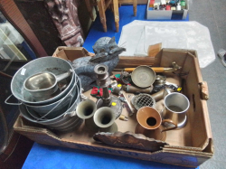 A Box of Various Metal items including  A Cat and Jugs etc.