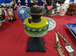 A Lovely Victorian Oil Lamp with Green Reservoir Cast Iron Base (A/F). W.18 H.57 Cm.