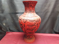 Antique Chinese red carved cinnabar lacquer vase. W.24 H.47 Cm. 