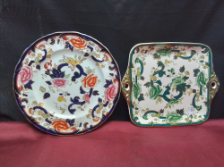 2 Pieces of Masons A Rectangular Twin Handed Chatreuse Tray 23x28 Cm. And a Large circular Plate in Mandalay W.27 Cm.