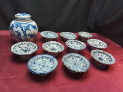 An Old Chinese 10 Pedestal dishes.W.11H.5 W and Chinese Ginger Jar .14 H.16 Cm. 
