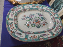 A Large Old English  Colorful Ironstone Turkey Plate with Graus Well Cold Stapled repair. 40x50 Cm.