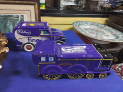 2 Vintage Large Blue Van and Train Tin ฺBoxes .