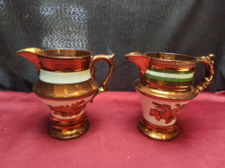 2 Very Similar Welsh Lustor Jugs in Gold and Cream. W.17 H.15 Cm.