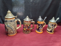 4 Pewter Top German Beer Steins. Large W.13 H.23 Cm.