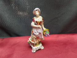 A Small 19th Century Figure of A Lady Carrying  A Basket  with Underglaze Blue Mark for Dresden.W.8 H.16 Cm.