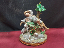 A Large 19th Century  Figure  Group of A Young Man Asleep and 3 Lambs mark in underglaze Blue for Sitzendorf Crown and 'S' W.16 H.20 Cm.