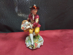 A Beautiful Figure of A Young Man Mid Victorian C1850 Good Encrusted Flower to Base and Basket with Underglaze Blue Sitzendorf mark Crown and 'S' W.9 H.14 Cm.