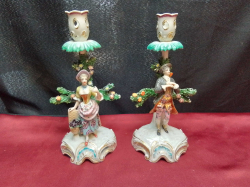 A Pair of German Figure  Candlestick 19th Century  Featuring a Lady and her Beau Probably Sitzendorf  Good Color and Decoration. W.10 H.24 Cm.