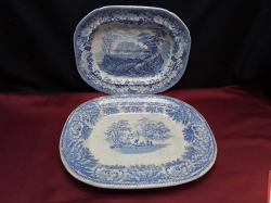 2 Small Victorian Blue and White Meat Plates 1 with A Gravy Well Showing 'STIRLING Castle