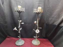 A Lovely Pair of Metal with China Flowers and Birds Candle Lightts. W.15 H.70 Cm.