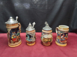 3 Pewter Top German Beer Steins and 1 Beer Stein no top 