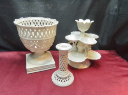 3 Good Pieces of Royal  Creamware A Candlestick, Retiwlate, URN on Stand and A 2 Tier Display Plate.