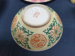 A very old six character mark Yellow  coloured porcelain bowl 
Possibly 18th to 19th century. W.20 Cm.