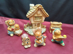 An Assortment of 6 Pendelfin  Figures including a Cottage.