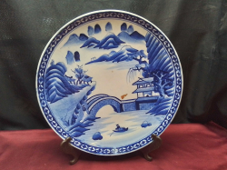 A Large Antique Blue & White  Chinese Plate with Wooden Stand. W.40 Cm. 