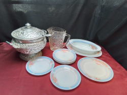 9 Pieces of Lovely Floral Plates, Large Rice Bowl with spoon, Glass Jug.(14 Pieces) 