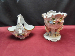 2 Pieces of German Porcelain Centerpiec W.13 H.15 Cm. And Basket Porcelain  W.15 H.14 Cm.During the 20th Century. 