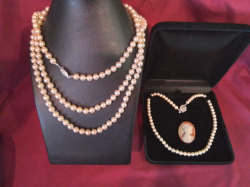 Beautiful vintage necklaces and lovely cameo Brooches.
