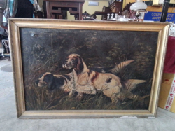 A Large Lovely Oil Painting of 2 Dogs in the garden. 85x125 Cm. (A/F)