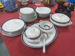 A Myott England Blue and White Part Dinner Serve 2 Tureens, Meat Plate, Sauce Ladles.(42 Pieces)