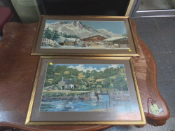 2 Large Needlework Picture of An English Rivers8de Pub 48x72 Cm.and A Snowy Scene 46x86 Cm.