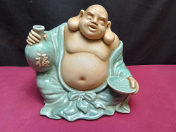 Large Vintage porcelain celadon happy Buddha Figure/Sculpture. D.16 W.24 H.21Cm.