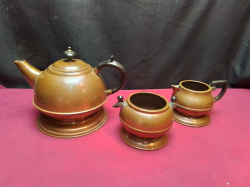 Set of 3 Rare flat bottoms copper, British made tea pot, milk jug and sugar bowl. 