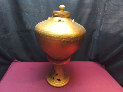 Vintage Thai Gold collection money pot jar, with lid and stand. W.34 H.57 Cm.