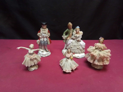 5 Verious Minature Figures with Lace Decater ( some minor)