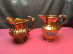 2 Large Old Welsh Copper Lustre Jugs including A Good Gold & Yellow. H.19 W.13 Cm.