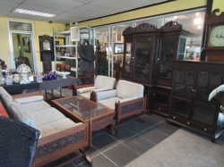 An Old Antique Thai 6 piece furnitures suite comprising 3 seater and 2 chairs, Bowfront display cabinet with porcelain Thai fruit handles with keys.
Bookcase cabinet Thai fruit porcelain handles with key also with matching hand carved coffee /occasional 