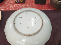 A lovely old hand painted blue and white porcelain oriental charger 
Small A/F W.32 Cm.