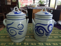A Pair of Large White and Blue Panting Lidded Jars. W.20 H.28 Cm.