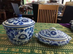 A Floral Hand Painted Blue and White Chinese Jar W.18 H.16 Cm.with Lid and A Small Tureen  W.14 L.22 H.7 Cm.