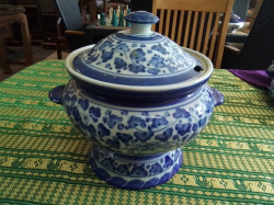 A Large Blue and White Hand Painted Chinese Tureen. W.24 H.23 Cm.