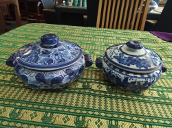 2 Small Chinese Blue and White Hand Painted Tureens. H.11 Cm.