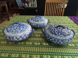 3 Hand Painted Blue and White Lidded Chinese Tureens. W.22 H.10 Cm.