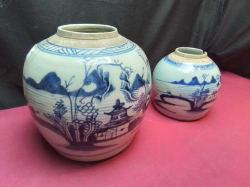 2 Chinese Ginger Jar with Under Glaze Blue decorations  (A/F Cracks) 
Large W.23 H.22 Cm.