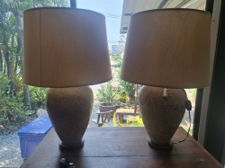 A High Pair of ceramic Lamps with Clean Shades.H.73 W.28