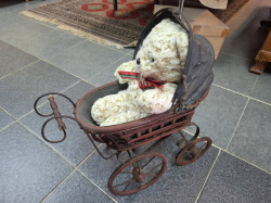 Victorian Pram with Unusual Nutco teddy bear H.50 L.47