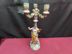 A Figural 3 Branch Porcelain Candelabra with Encrusted Flowers with Crossed Blue Swords Meissen Mark.H.35 Cm.
