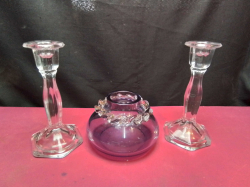 A Small Fish Bowl and A Heavy Pair of Glass Candlesticks H.19 Cm.