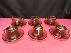 6 Brown Glass Espresso Cups & Saucers.