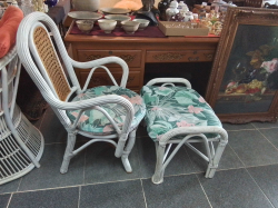 A Rattan Chair W.57 H.100 Cm. and Foot Stool with Cushions 
