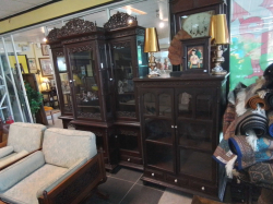 A beautiful old antique break front Thai cabinet fretwork pediment 
Together with an antique Thai bookcase cabinet both with porcelain Thai fruit handles  And drawers below 
Both cabinet with keys 