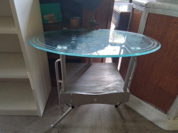 A Small Metal and Glass Table with Drawer and Small Brass Jar Docoration. W.42 L.60 H.60 Cm.
