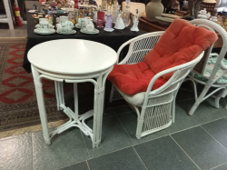 A White Rattan Table W.62 H.75 Cm.and Chair with Cushions.