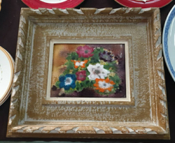 A beautiful hand made enameled metal flower picture  in original gilt wood  frame. 30x34 Cm.