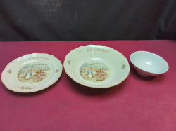 A peter rabbit plate W.16 Cm. and 2 different sized bowls W.11,19 Cm.